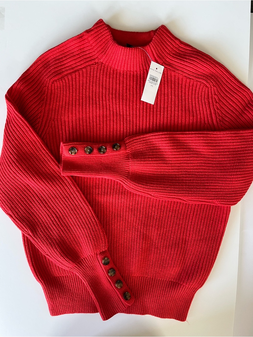 Ann Taylor Red Ribbed Mock Neck Sweater with Button Cuffs